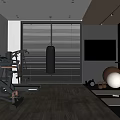 Modern Entertainment Room With Spin Bike Dumbbells Yoga Balls Shelves And Wooden Flooring