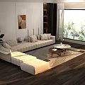 Beige Sofa With Pillows And Marble Wooden Coffee Table Set Featuring Green Plants On Rug