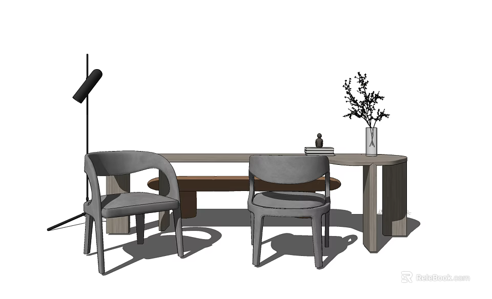Modern Dining Table Set With Two Chairs Bench Vase And Floor Lamp 3d model