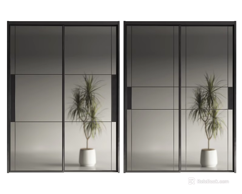Modern Glass Sliding Doors With Black Frame In Interior Space And Potted Plant 3d model 