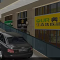 Black Car Driving on Slope with Glass Railing Near Building and Billboards