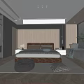 Modern Bedroom Interior With Wooden Walls Light Colored Headboard Fluffy Area Rug And Window Seat