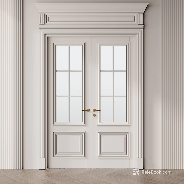 Modern White Double Doors With Glass Panes Golden Knobs And Paneled Frame 3d model