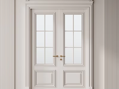 Modern White Double Doors With Glass Panes Golden Knobs And Paneled Frame 3d model