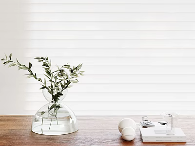 Transparent Glass Vase With Olive Branches On Wooden Table Near White Eggs And Blinds 3d model