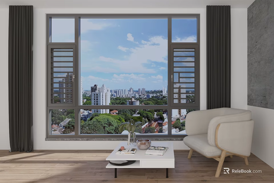 Modern Living Room With Large Window City View Sofa And Coffee Table 3d model 