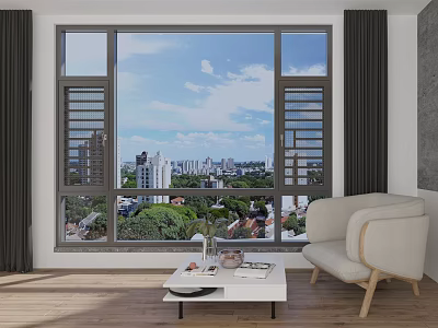 Modern Living Room With Large Window City View Sofa And Coffee Table 3d model