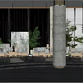 Modern Hotel Public Lounge With Large Windows City View Marble Column Sofas Greenery Water Feature 3d model