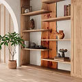 Warm Modern Living And Dining Area Interior With Wooden Shelves Plant And Decorative Vases
