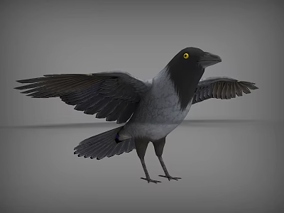 Black Crow With Yellow Eyes Spread Wings Standing On Gray Background 3d model