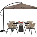 Stylish Round Outdoor Table With Wicker Chairs And Arched Parasol