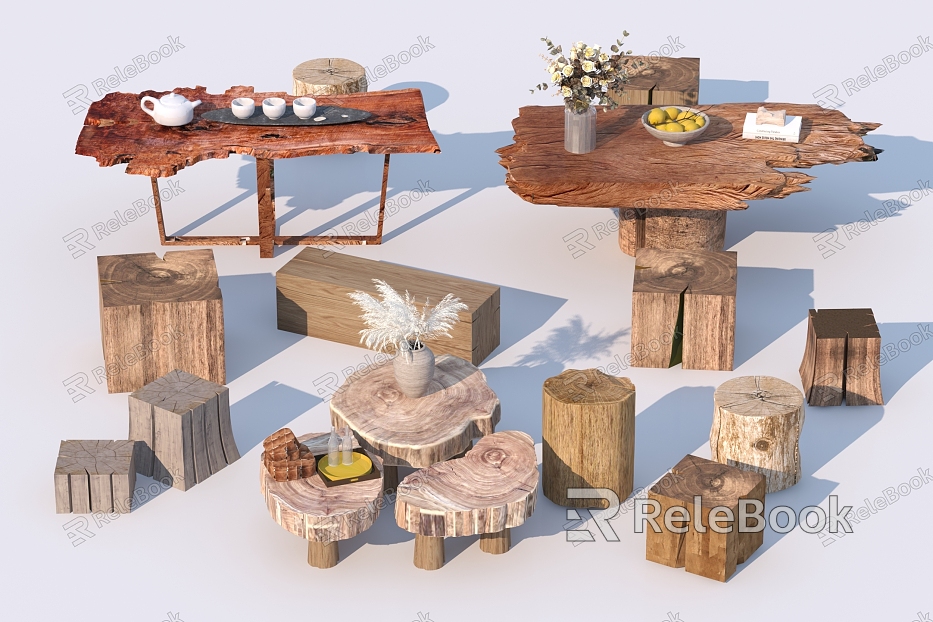 Chinese Style Coffee Table Wood Tea Table Old Wood Board Log Corner Table Tree Stump Wooden Stool Seat model