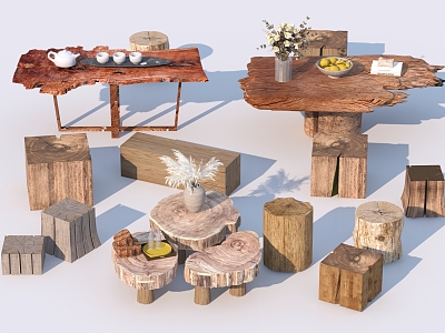 Chinese Style Coffee Table Wood Tea Table Old Wood Board Log Corner Table Tree Stump Wooden Stool Seat model