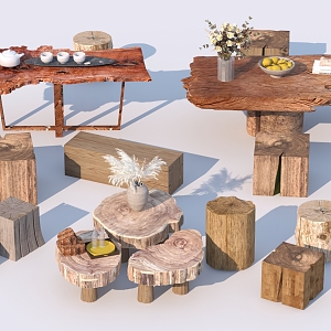 Chinese Style Coffee Table Wood Tea Table Old Wood Board Log Corner Table Tree Stump Wooden Stool Seat 3d model