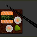 Fresh Assorted Sushi Platter With Salmon Maki And Wasabi On Wooden Plate