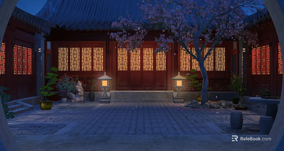 Ancient Architecture With Red Lattice Doors Windows Blue Roof Cherry Blossom Tree Lanterns Stone Courtyard 3d model 