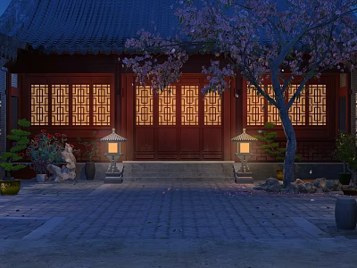 Ancient Architecture With Red Lattice Doors Windows Blue Roof Cherry Blossom Tree Lanterns Stone Courtyard 3d model