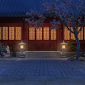 Ancient Architecture With Red Lattice Doors Windows Blue Roof Cherry Blossom Tree Lanterns Stone Courtyard