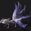 Mythical Fantasy Beast with Purple White Feathers Golden Decor and Green Eyes
