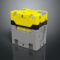 Industrial Yellow And Gray Container With Warning Label Stackable Design And Worn Surface