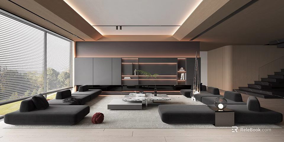 Modern Living Room Interior Design With Black Sofa Coffee Table TV Wall And Rug 3d model 