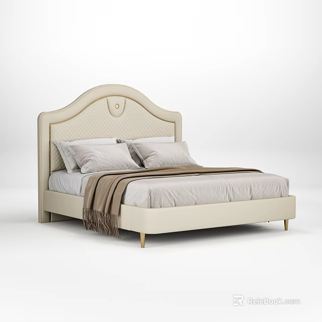 Beige Double Bed with Curved Upholstered Headboard Gold Legs and Brown Throw Blanket 3d model