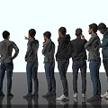 Men Standing in a Row Back View with Different Casual Outfits and Backpacks 3d model