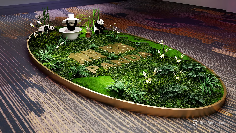 Giant Panda Themed Decorative Landscape Featuring Green Plants Small Panda Figurines And Golden Letters 3d model 