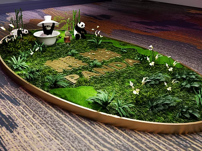 Giant Panda Themed Decorative Landscape Featuring Green Plants Small Panda Figurines And Golden Letters 3d model