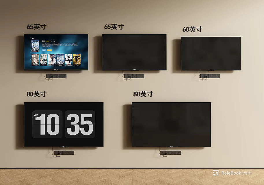Wall Mounted Televisions in 65 40 and 80 Inch Sizes Displayed in Room 3d model 