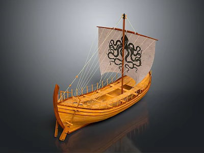 Classic Wooden Sailboat Model with Octopus Design on Sail and Hull as Traditional Water Vessel 3d model