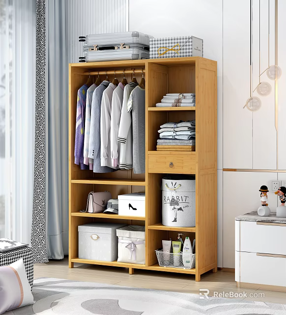 Wooden Wardrobe With Hanging And Folded Clothes Drawer And Storage Boxes 3d model 