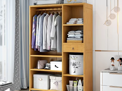 Wooden Wardrobe With Hanging And Folded Clothes Drawer And Storage Boxes 3d model