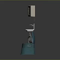 Blue Toilet In Bathroom With Open Lid White Sink Green Bucket And Wall Mirror