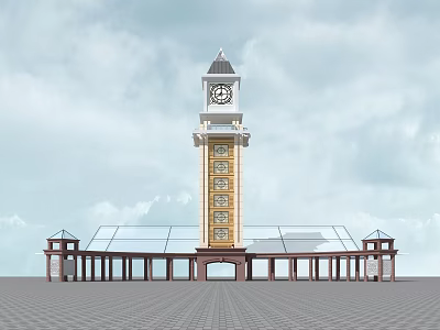 Tall Clock Tower With Glass Roof Structure And Plaza Under Cloudy Sky 3d model