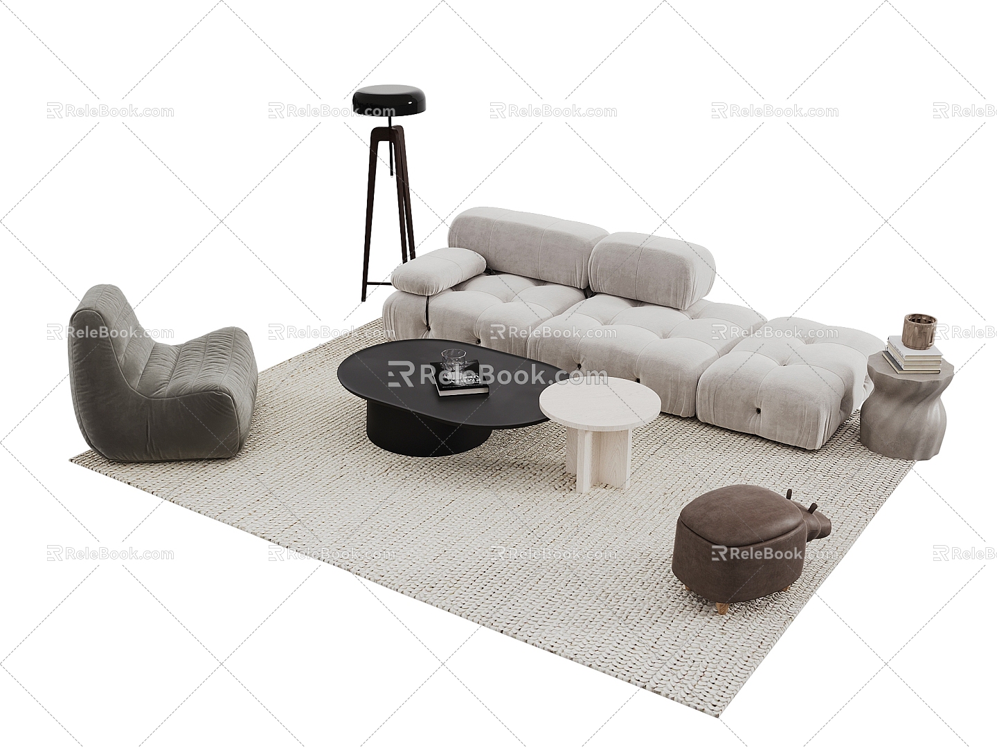 Cream Style Sofa Combination Coffee Table Floor Lamp Stool Side Table Single Sofa Carpet 3d model