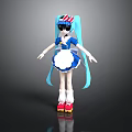 Children's Cute Anime Style Doll With Blue Hair Red White Hat And Maid Outfit