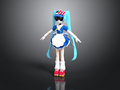 Children's Cute Anime Style Doll With Blue Hair Red White Hat And Maid Outfit 3d model