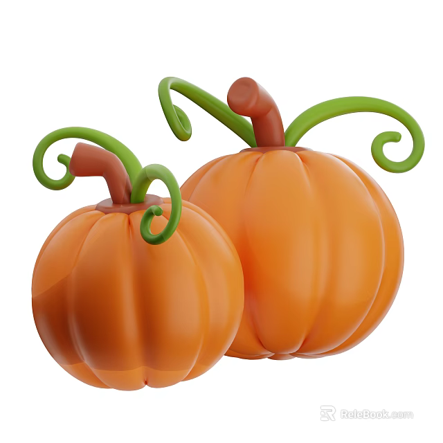 Two Orange Pumpkins With Green Curly Vines And Brown Stems Fresh Vegetable 3d model 