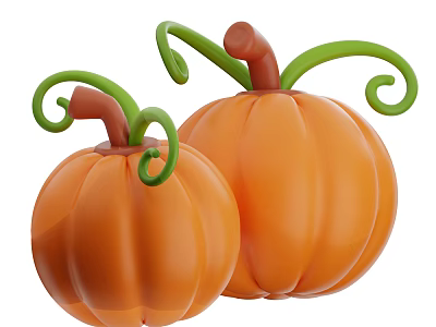 Two Orange Pumpkins With Green Curly Vines And Brown Stems Fresh Vegetable 3d model