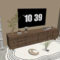 Modern Wooden Entryway Cabinet Sideboard With Decorative Plants Drawers And Area Rug Near Floor Lamp