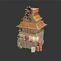 Cartoon Scene Japanese Style Wooden Building With Tiled Roof Gear Decorations Awning Red Barrels Cards