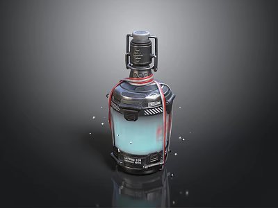 Sci Fi Potion Bottle With Metallic Texture Blue Liquid Red Strings And Water Drops 3d model