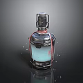 Sci Fi Potion Bottle With Metallic Texture Blue Liquid Red Strings And Water Drops