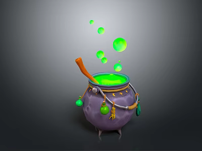 Purple Household Cauldron With Wooden Spoon Green Liquid Bubbles Small Moon And Bell Pendants 3d model