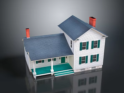 Two Story Detached House with White Exterior Blue Roof Red Chimneys and Green Shutters 3d model
