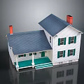 Two Story Detached House with White Exterior Blue Roof Red Chimneys and Green Shutters