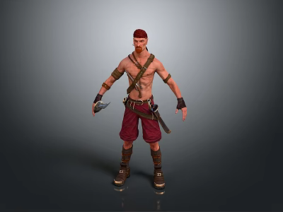 Shirtless Male Warrior 3D Model Character With Red Hair Red Shorts Leather Straps And Weapons 3d model