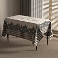 Stylish Dining Table With Black And White Checkerboard Floral Pattern Tablecloth Near Window With Blinds