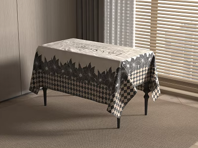 Stylish Dining Table With Black And White Checkerboard Floral Pattern Tablecloth Near Window With Blinds 3d model
